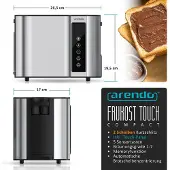 Arendo Frühstücks-Set Edelstahl, Wasserkocher Toaster Set, Wasserkocher mit Temperatureinstellung 1,5l, Toaster 2 Scheiben Kurzschlitz, Brötchenaufsatz, Touch, silber