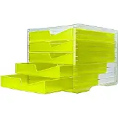 Styro Schubladenbox styroswing NEONline, 5 Schübe, Auszugsperre & Griffmulde, stapelbar, B 270 x T 340 x H 255 mm, Polystyrol, transparent-neongelb
