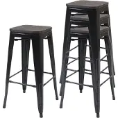 Mendler 4er-Set Barhocker MCW-A73 inkl. Holz-Sitzfläche, Barstuhl Tresenhocker, Metall Industriedesign stapelbar schwarz