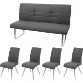 Mendler Set 4x Esszimmerstuhl+Sitzbank MCW-G55, Bank Küchenstuhl Stuhl, Stoff/Textil Edelstahl grau-braun Bank 180cm