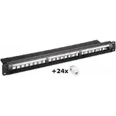 Goobay 19-Zoll (48,3 cm) Keystone Patch Panel Leergehäuse Set (1 HE), inklusive 24x CAT 6 UTP Module