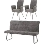 Mendler Esszimmer-Set MCW-G55, 2er-Set Stuhl mit Armlehne+Sitzbank 180cm, Edelstahl gebürstet Stoff/Textil Chenille dunkelgrau