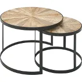 FineBuy Couchtisch 2er Set Mango Massivholz Satztisch Rund Wohnzimmertisch mit Metallbeine Braun Tischset 2-teilig Satztisch Holz / Metall Schwarz