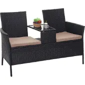 Mendler Poly-Rattan Sitzbank mit Tisch MCW-E24, Gartenbank Sitzgruppe Gartensofa, 132cm schwarz, Kissen creme