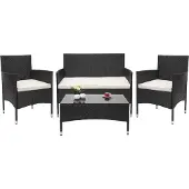 Mendler Poly-Rattan Garnitur MCW-F55, Balkon-/Garten-/Lounge-Set Sofa Sitzgruppe schwarz, Kissen creme