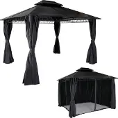 Mendler Hardtop Pergola MCW-M81, Pavillon, Aluminium Dachstreben 7cm-Stahlgestell mit Seitenwand und Moskitonetz 3,6x3m grau