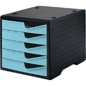 Styro Schubladenbox styroswing, 5 Schübe, Auszugsperre & Griffmulde, stapelbar, B 270 x T 340 x H 255 mm, Polystyrol, schwarz-aqua