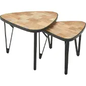 FineBuy Couchtisch 2er Set Mango / Akazie Massivholz Satztisch Dreieckig Wohnzimmertisch Braun mit Metallbeine Tischset 2-teilig Satztisch Holz