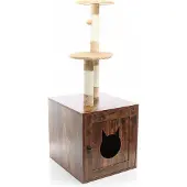 Fudajo Kratzbaum aus Holz 125 cm mit Katzenhaus, Design Katzenkratzbaum in Vintagebraun, 2in1 Katzenhaus mit Katzenklo, Kletterbaum für Katzen