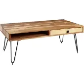FineBuy Couchtisch Akazie Massivholz 110 cm · Industrial Wohnzimmertisch rechteckig mit Hairpin Beinen, 2 Schubladen & Ablagefächern · Handgefertigt