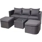 Mendler 3in1-Garnitur MCW-J37, Garten-/Lounge-Set Sonneninsel, Spun Poly Poly-Rattan MVG anthrazit, Kissen dunkelgrau