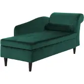 Beliani Chaiselongue Rechtsseitig Dunkelgrün Samt mit Armlehne Stauraum und Nackenrolle Dunkle Holzfüße Hohe Lehne Retro-Design Wohnzimmer Liegesofa
