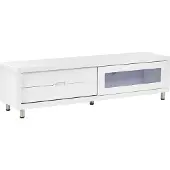 Beliani TV-Möbel Weiß MDF Platte 158 x 39 cm Hochglanz Niedrig mit Stauraum 2 Schubladen 1 Schiebetür Modern Minimalistisch Aufbewahrung Wohnzimmer