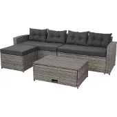 Mendler Poly-Rattan Garnitur MCW-J34, Balkon-/Garten-/Lounge-Set Sitzgruppe Sofa, Staufach grau, Kissen dunkelgrau