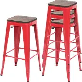 Mendler 4er-Set Barhocker MCW-A73 inkl. Holz-Sitzfläche, Barstuhl Tresenhocker, Metall Industriedesign stapelbar rot