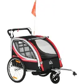HOMCOM 2 in 1 Kinderfahrradanhänger, Kinderanhänger, Rot+Schwarz