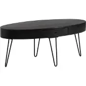 FineBuy Couchtisch 100cm oval Mango Massivholz schwarz · Wohnzimmertisch mit Schublade und Hairpin Beinen · Moderner Massivholztisch Industrial Design
