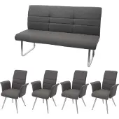 Mendler Set 4x Esszimmerstuhl+Sitzbank MCW-G55, Bank Küchenstuhl Stuhl+Armlehne, Stoff/Textil Edelstahl grau-braun Bank 160cm