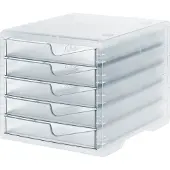 Styro Schubladenbox styroswing light, 5 Schübe, Auszugsperre & Griffmulde, stapelbar, B 270 x T 340 x H 255 mm, Polystyrol, transparent-transparent