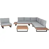 Mendler Garten-Garnitur mit Sessel MCW-H54, Lounge-Set Sofa, Spun Poly Akazie Holz MVG Aluminium hellbraun, Polster hellgrau