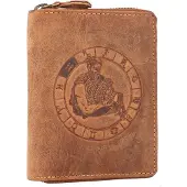 Greenburry Geldbörse Herren Leder braun antik Vintage mit Sternzeichen Prägung Portemonnaie mit Reißverschluss 821A-WASSERMANN