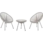 Beliani Balkonset Hellgrau Polyrattan Beistelltisch mit 2 Stühlen Spaghetti-Optik Modern Mexikanischer Stil Outdoor Balkon Terrasse Garten Möbel