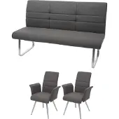 Mendler Set 2x Esszimmerstuhl+Sitzbank MCW-G55, Bank Küchenstuhl Stuhl+Armlehne, Stoff/Textil Edelstahl grau-braun Bank 180cm