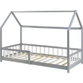 En.casa Hausbett ‘Hesel’ für Kinder mit Rausfallschutz Lattenrost 90 x 200 cm Grau
