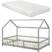 En.casa Kinderbett ’Sisimiut’ in Haus-Optik mit Matratze und Rausfallschutz Kiefernholz 120 x 200 cm Hellgrau / Weiß