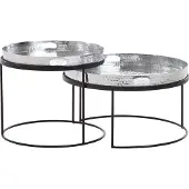 FineBuy Couchtisch 2er Set Metall Silber Hammerschlag Satztisch Rund Sofatisch abnehmbares Tablett Tabletttisch Sofa 2 teilig Runder Beistelltisch