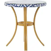 Beliani Gartentisch mit blauem und weißem Muster Rattan ø 70 cm Balkon Terrasse Garten Außenbereich