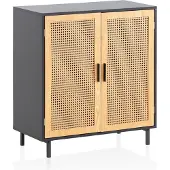 FineBuy Sideboard 80x86,5x40 cm Kommode Schwarz mit Wiener Geflecht Hoher Kommodenschrank Zeitlos Standschrank Wohnzimmer mit 2 Türen Anrichte Rattan