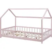 En.casa Kinderbett ’Sisimiut’ in Haus-Optik mit Rausfallschutz Kiefernholz 120 x 200 cm Rosa / Weiß