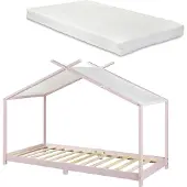 En.casa Kinderbett 'Brome' Hausbett mit Matratze 90 x 200 cm Rosa