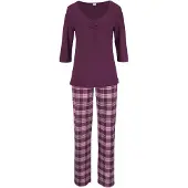 Vivance Pyjama DREAMS, Damen, Gr. 32/34, rot (bordeaux), Single Jersey, Obermaterial: 100% Baumwolle, kariert, Basic, lang, V-Ausschnitt, eingesetzt, Homewear-Sets Pyjama, mit karierter Hose