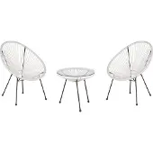 Beliani Balkonset Weiß Polyrattan Beistelltisch mit 2 Stühlen Spaghetti-Optik Modern Mexikanischer Stil Outdoor Balkon Terrasse Garten Möbel