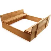 Wiltec Sandkasten mit Deckel 2 Sitzbänke 98x98x18cm Sandkiste Holz Sandbox Buddelkiste