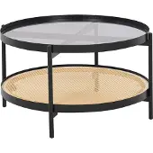 Beliani Couchtisch Schwarz / Hellbraun aus Metall mit Glasplatte Rattan Wiener Geflecht Elegant Modernes Design für Wohnzimmer