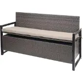 MCW Poly-Rattan 3er Sitzbank MCW-F39, Gartenbank Truhenbank, Staufach Aufbewahrung Sitzkissen grau-meliert, Kissen beige