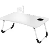 ECD-Germany Laptoptisch fürs Bett/Sofa, 60x40 cm, Weiß, aus MDF, klappbar, Betttisch mit 4 USB Ladeanschluss & Lampe, Schublade, Lüfter, Tablet Ständer, Getränkehalter, Laptopständer Lapdesks Notebook
