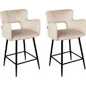 Beliani Barstuhl Taupe Samtbezug Gesteppt mit Rückenlehne Armlehnen Fußstütze Modern Glamourös Wohnzimmer Esszimmer Küche Thekenstuhl Barhocker