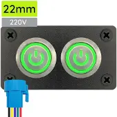 Proride Metall-Druckschalter 220V ON-OFF 22mm 2-fach Panel IP67 LED Grün