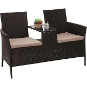 Mendler Poly-Rattan Sitzbank mit Tisch MCW-E24, Gartenbank Sitzgruppe Gartensofa, 132cm braun, Kissen creme