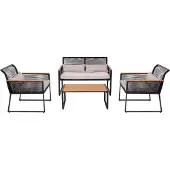 Mendler Garten-Garnitur MCW-K42, Gartenlounge Lounge-Set Sitzgruppe Sofa, Seilgeflecht Rope Holzoptik Stahl, Polster hellgrau