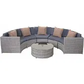 Mendler Poly-Rattan Garnitur rund MCW-E17, Garten-Set Sitzgruppe grau, Polster dunkelgrau, Kissen beige