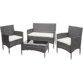 Mendler Poly-Rattan Garnitur MCW-F55, Balkon-/Garten-/Lounge-Set Sofa Sitzgruppe grau, Kissen creme