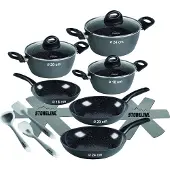 Stoneline Topf-Set Set, Bratentopf 22 cm, je 1 Kochtopf 18/20 cm, je 1 Bratpfanne 16/20/24 cm, 14 Stk. tlg. Aluminium