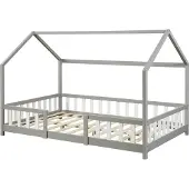 En.casa Kinderbett ’Sisimiut’ in Haus-Optik mit Rausfallschutz Kiefernholz 120 x 200 cm Hellgrau / Weiß