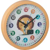 Relaxdays Wanduhr Kinder, Ø 30 cm, Kinderzimmeruhr Löwe, bunte Zahlen, Uhrzeit lernen, Lernuhr Junge & Mädchen, gelb