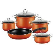 Riess Geschirr Kochtopf Set 5-teilig mit Glasdeckel Emaille Nouvelle Corall